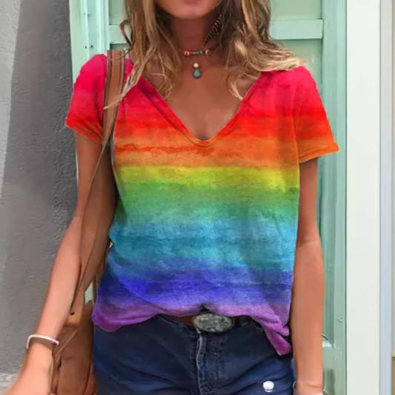 Summer Casual V-Neck Rainbow Printed Short Sleeve Women's T-Shirt Top