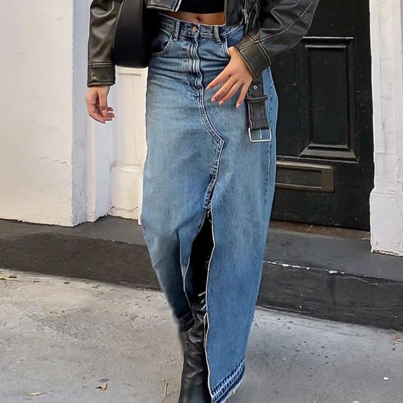 Sommer Pendler Hoher Bund Schlitz Blauer Denimrock Langer Rock Retro Hüftrock