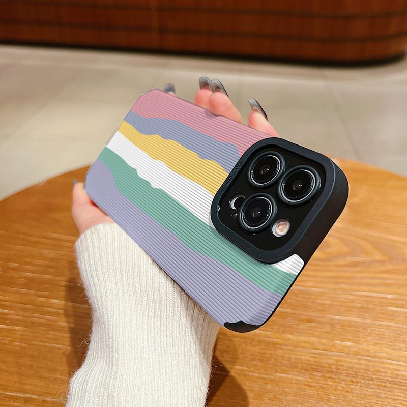 Vertical Leather Shell Rainbow Printed Patterned Shockproof Soft Silicone Case with Camera Lens Full Protection for iPhone Samsung