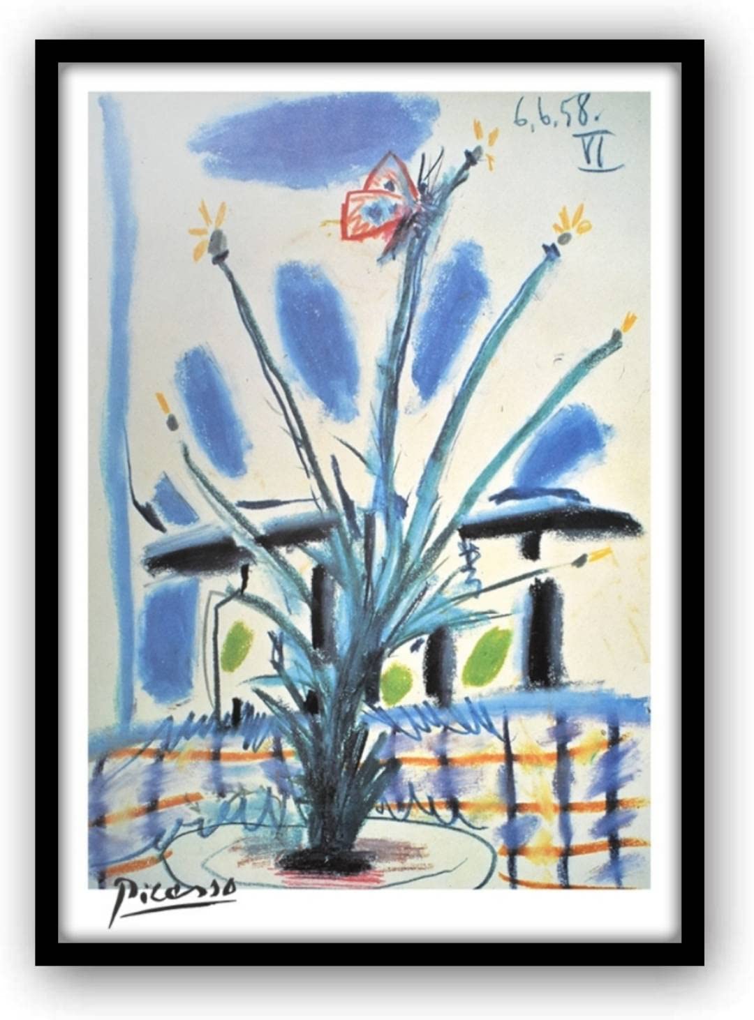 Picasso Flowers and Butterflies Framed Poster by aoipro (Black Frame)