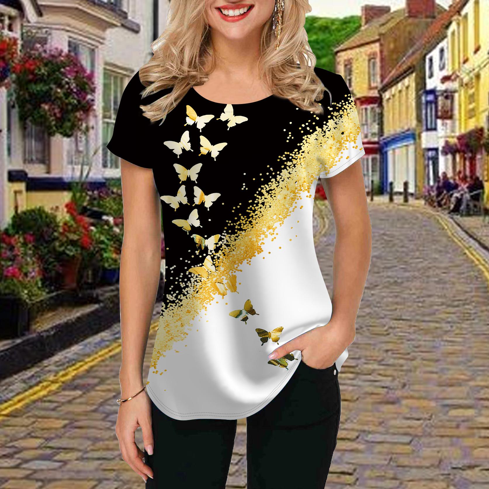 Модная женская двухцветная футболка с принтом бабочек — фото 4