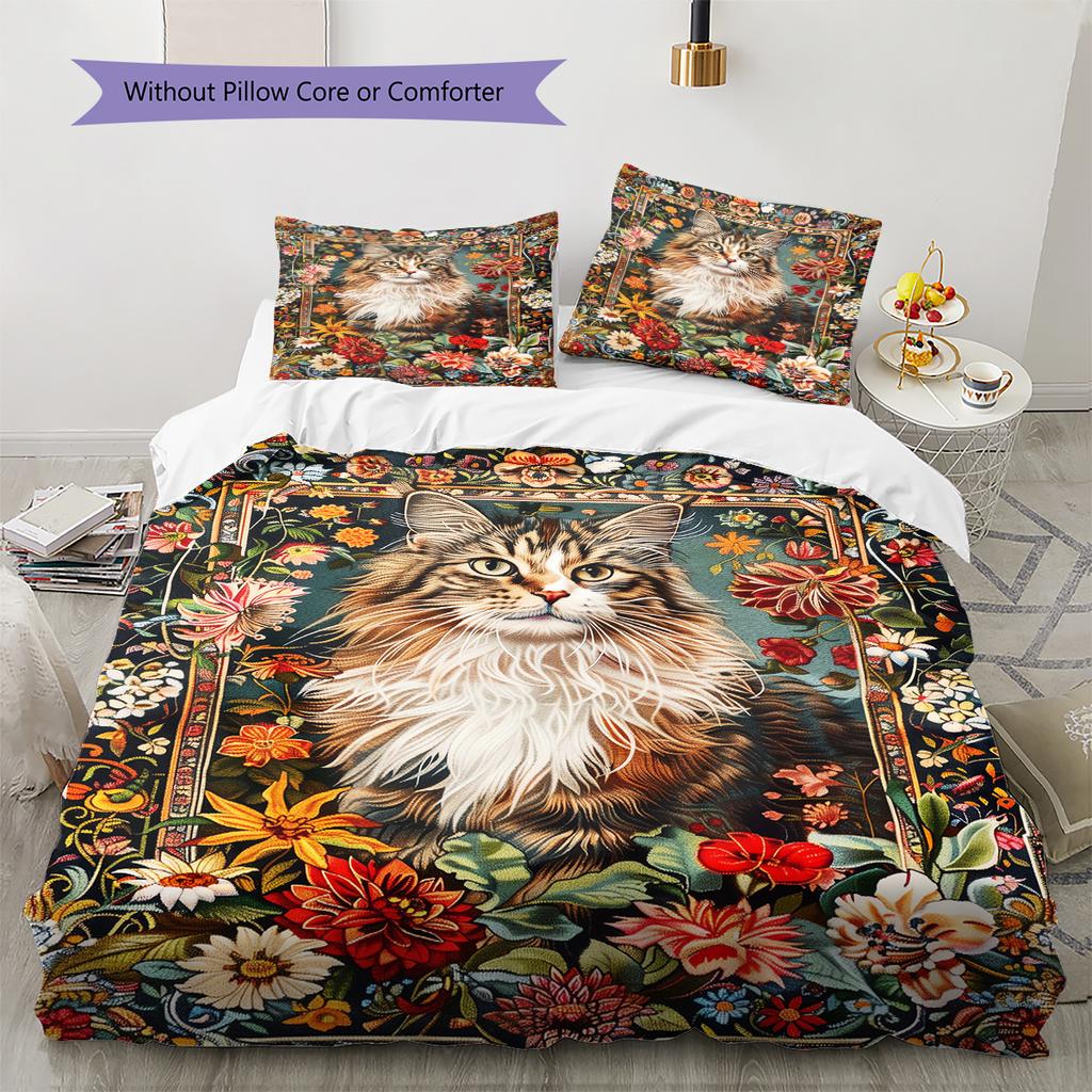 Boho Floral Cat Pattern Bedding Quilt Set Quilt Cover Pillowcase Home Decoration Birthday Gift (1 * duvet cover + 2 * pillowcase, without core)