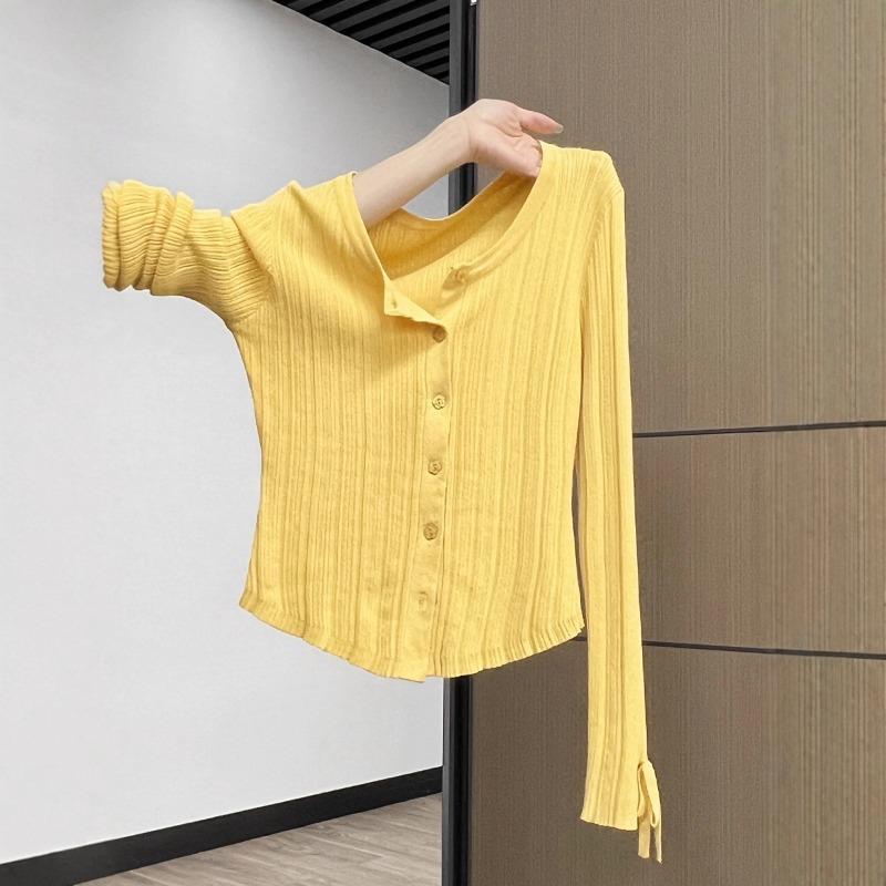 Yellow Premium Long Sleeve Lace-Up Crew Neck Button Knitted Cardigan Women's Spring Slim-Fit Top