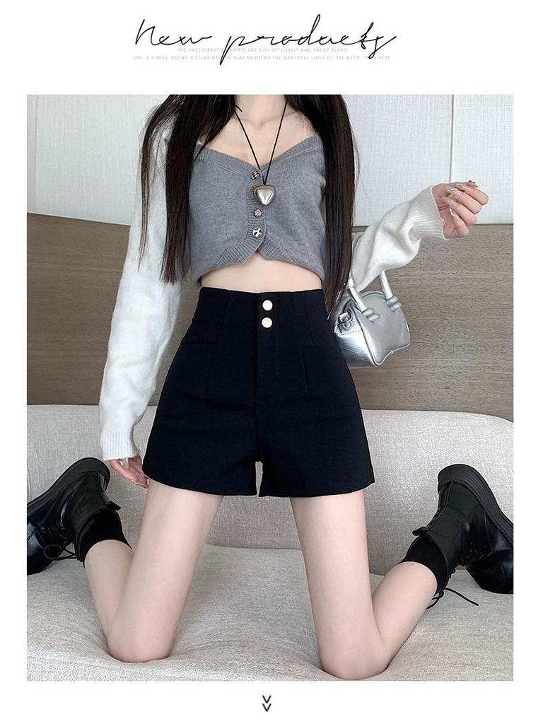 Women's High-Waist A-Line Black Suit Shorts - Summer 2024 - Slimming Fit with Elastic Waistband.