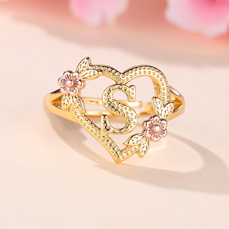 

Кольца с инициалами и цветком в форме сердца, регулируемые нежные кольца с буквами и листьями золотого цвета для женщин и девочек, ювелирные изделия с алфавитом S золотой