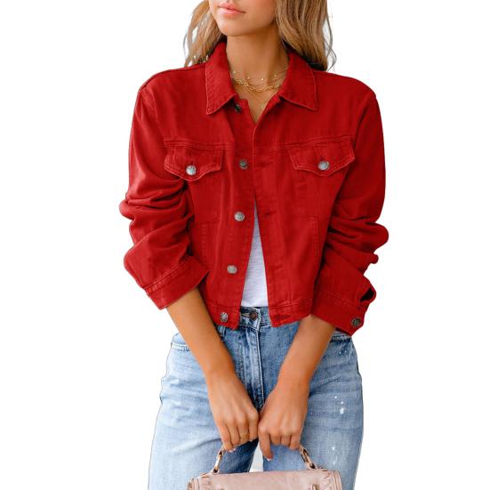 Women's Cropped Denim Jacket Casual Button Down Long Sleeve Coat Fall Spring