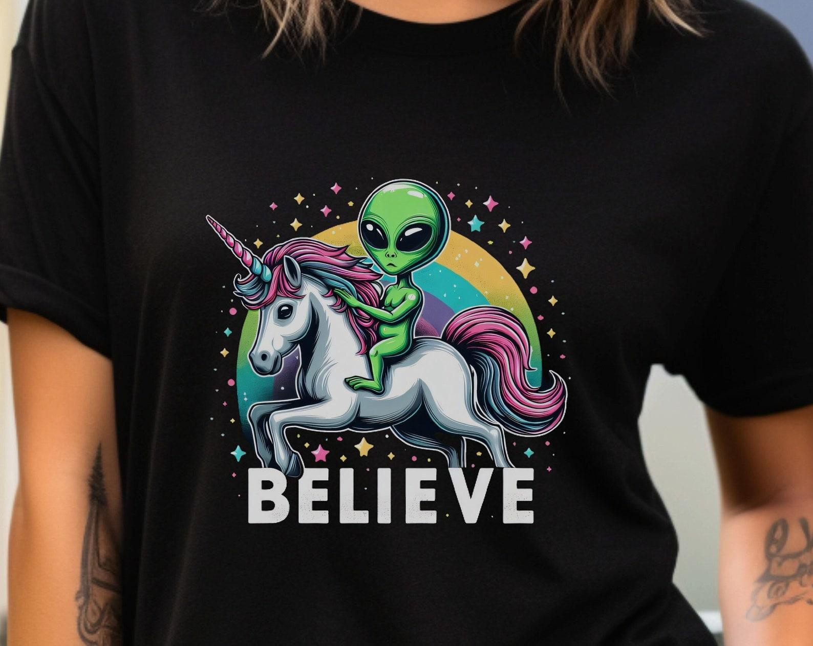 Funny Alien Riding Unicorn Shirt: Unisex Novelty Tee XL