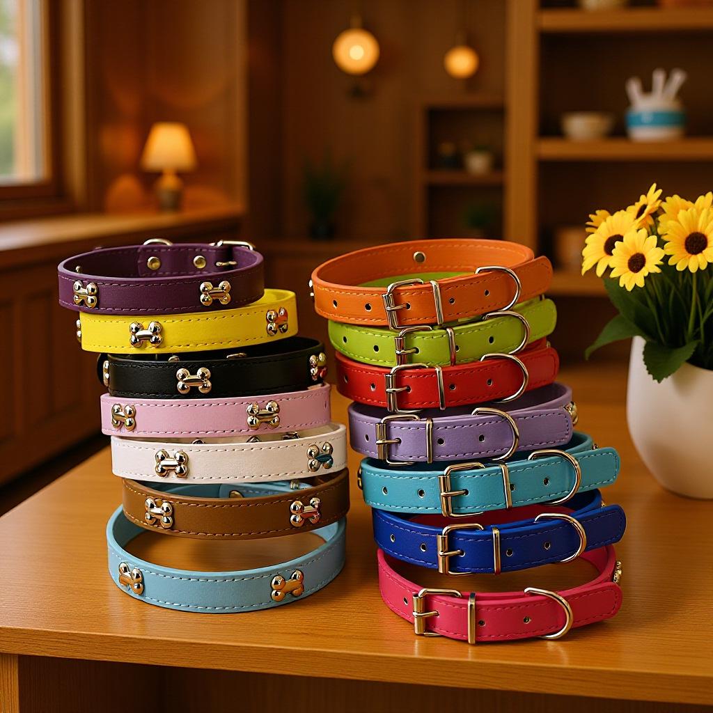 PU Leer Honden Halsband met Roestvrij Staal Bot Accent voor Kleine en Middelgrote Honden - Leash Compatibel