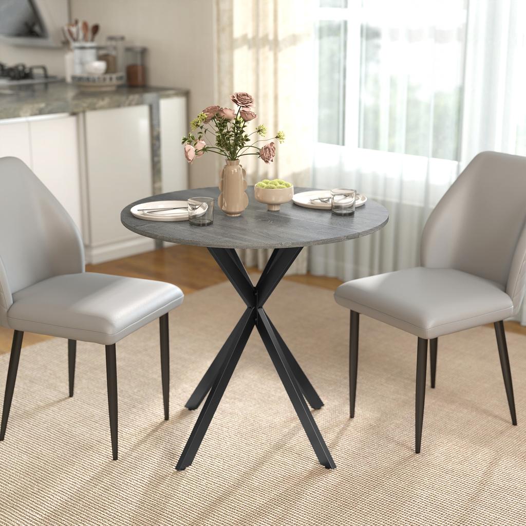 Round Dining Table for 2 People with Wood-Look Top and Crossed Steel Base, Gray