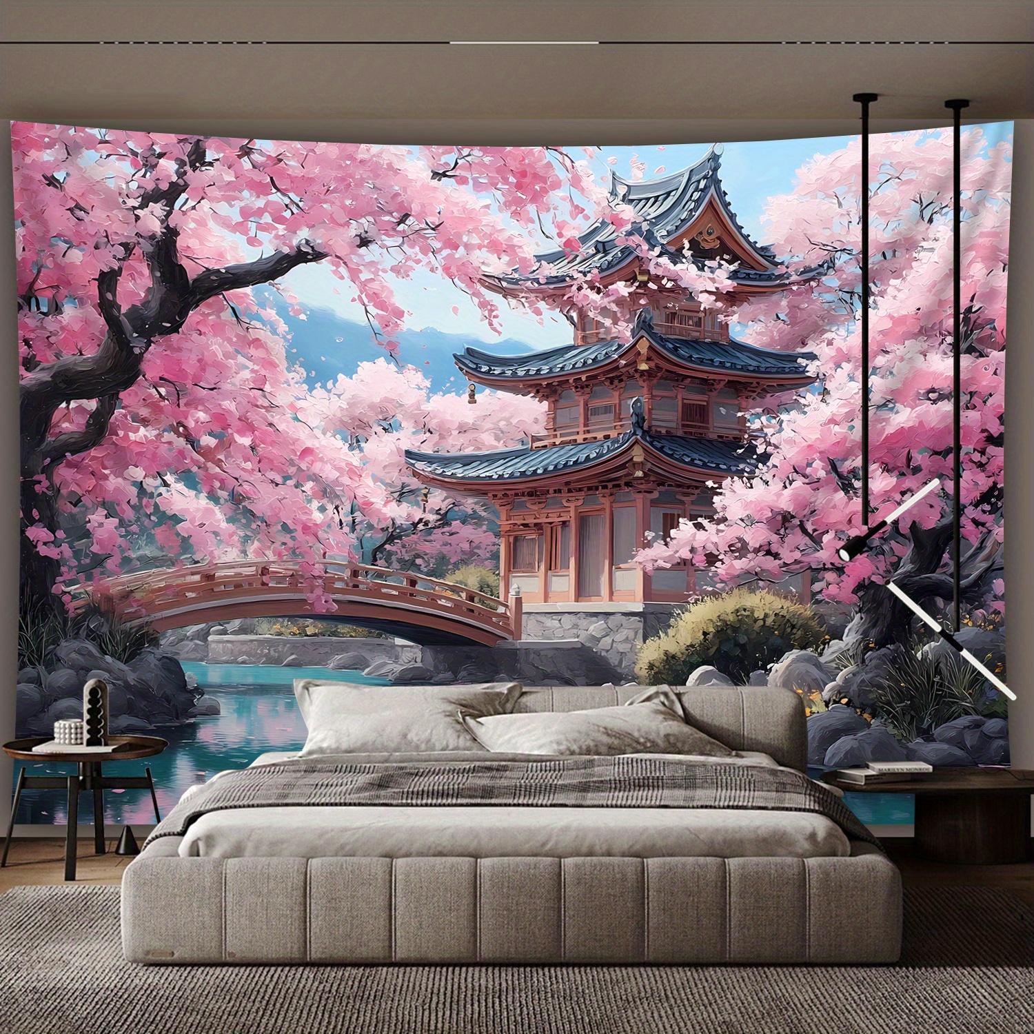 1pc Extra Large Japanese Cherry Blossom Pagoda Tapestry - Korean/Chinese-Inspired Korean Hanok House & Pagoda Design 100X70CM