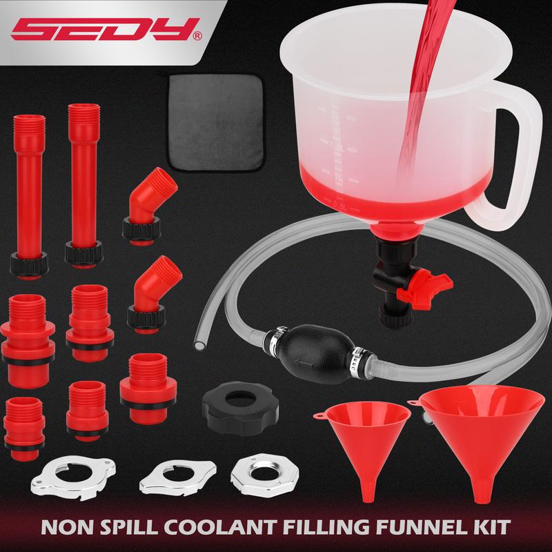 SEDY 22Pc No-Spill Coolant Filling Funnel Kit and Siphon Hose Pump Radiator Coolant Filling Spill-Proof Funnel Kit with Adapters