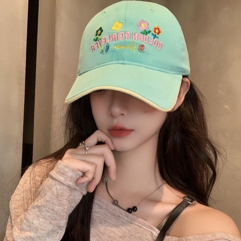 New Flower Yellow Letter Embroidered Baseball Cap Female Sweet Versatile Soft Top Big Head Circumference Showing Face Ducktongue