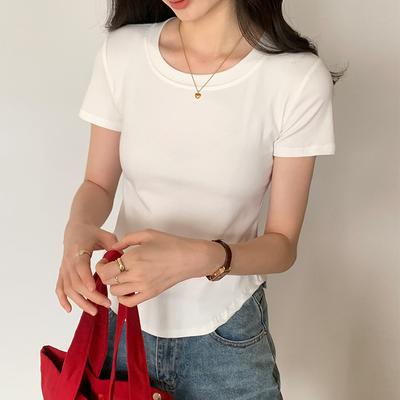 Sommer unregelmäßige einfarbige T-Shirts Damen O-Ausschnitt Kurzarm weißes T-Shirt lässig Slim Elastisch Skinny y2k Crop Tops Damenbekleidung