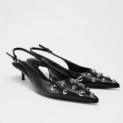 New Summer Women's Sandals Metal Rivet High Heels Footwear Elegant Slingback Pointed Slip On Party Lady Pumps Shoes