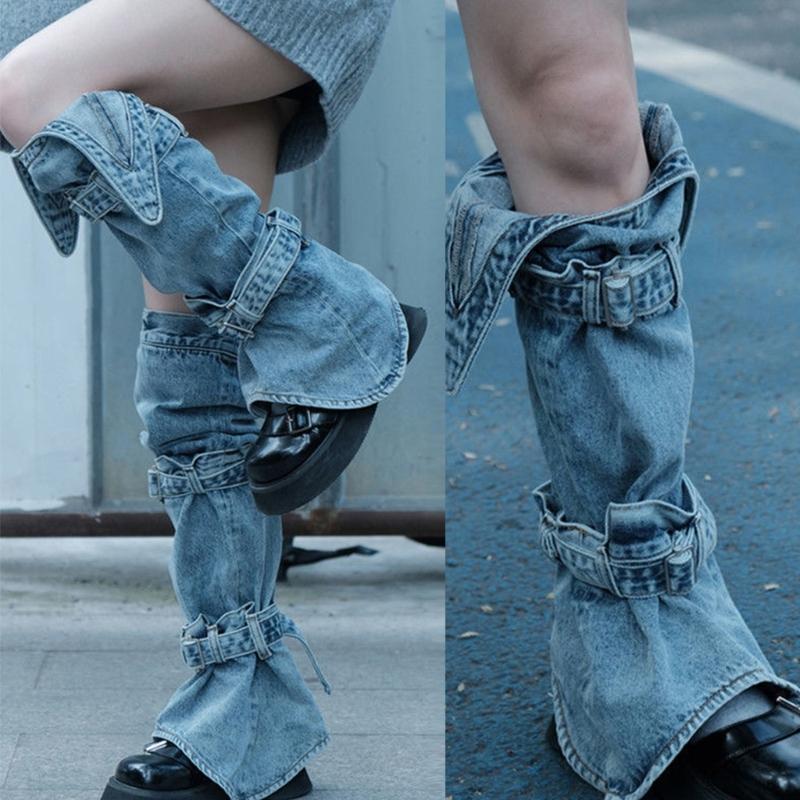 Womens Harajuku Punk Rock Denim Leg Warmer Socks Gothic Bandage Buckled Knee High Foot Cover Aesthetic Grunge Streetwear