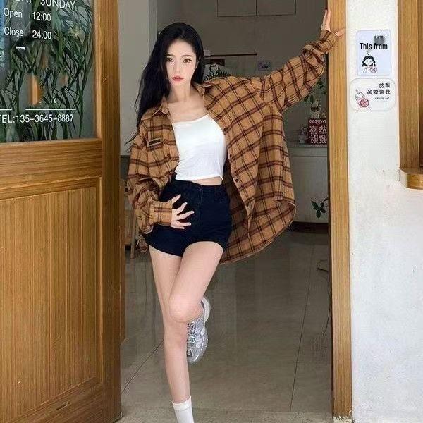 Women's Retro Plaid Shirt - French Chic, Loose Fit, Perfect for Spring & Autumn