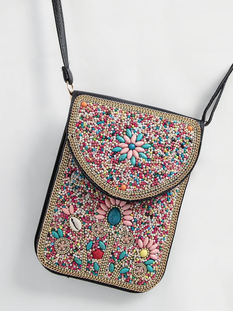 Bohemian Theme Pu Handbag With Magnetic Flap And Floral Accents For Daily Outings