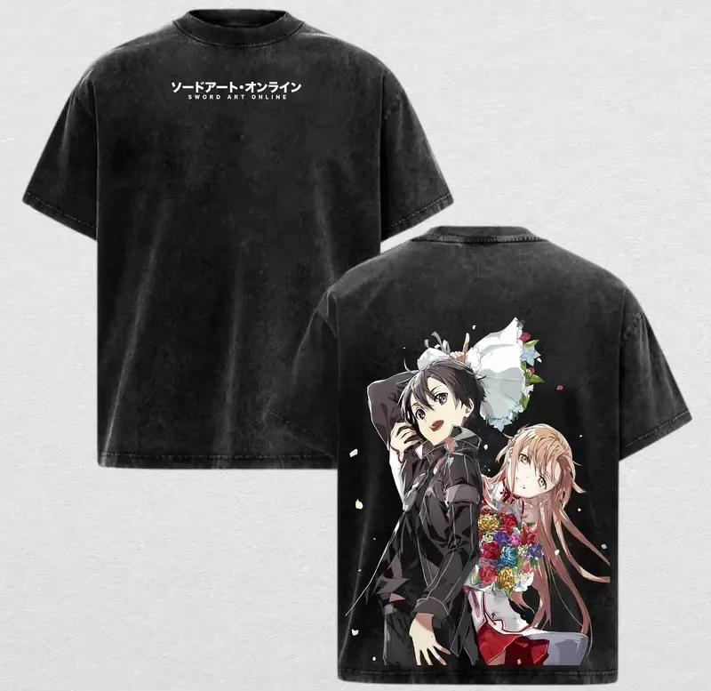 T-shirt Unisex Cotone Manica Corta Oversize Lavata Retrò con Stampa Grafica Asuna di Sword Art Online