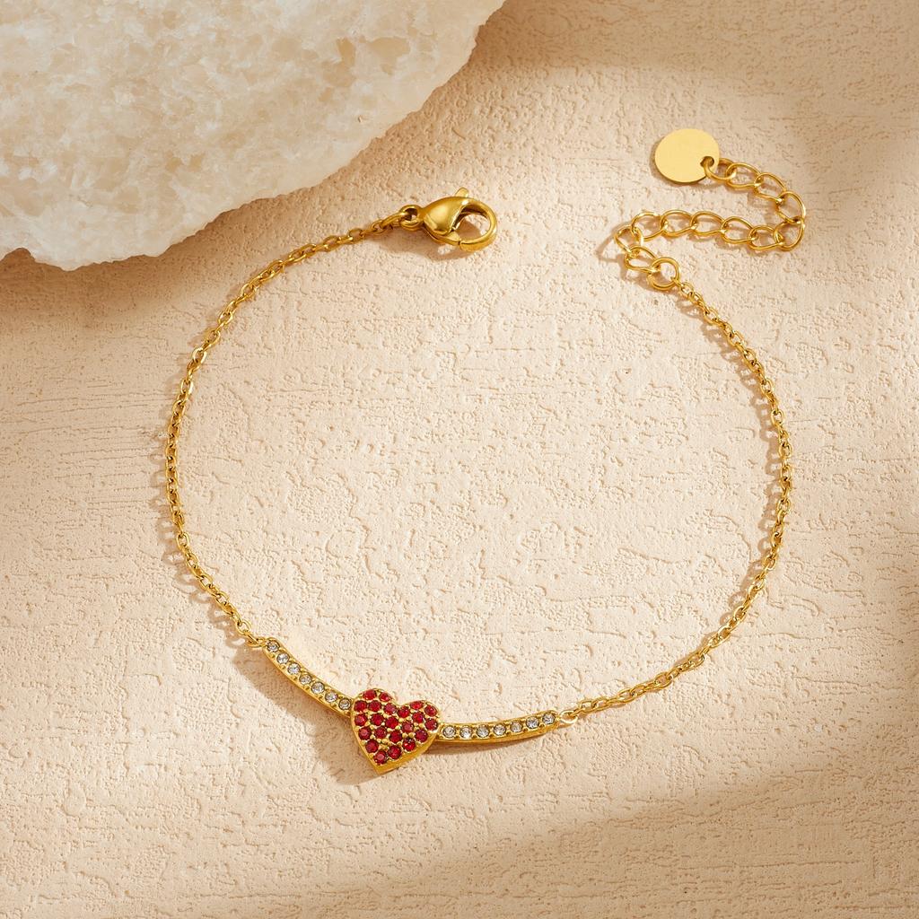 DIEYURO 316L Stainless Steel Gold Plated Red Rhinestone Heart Bracelet Lady Dainty Link Chain Adjustable Charm Hand Chain