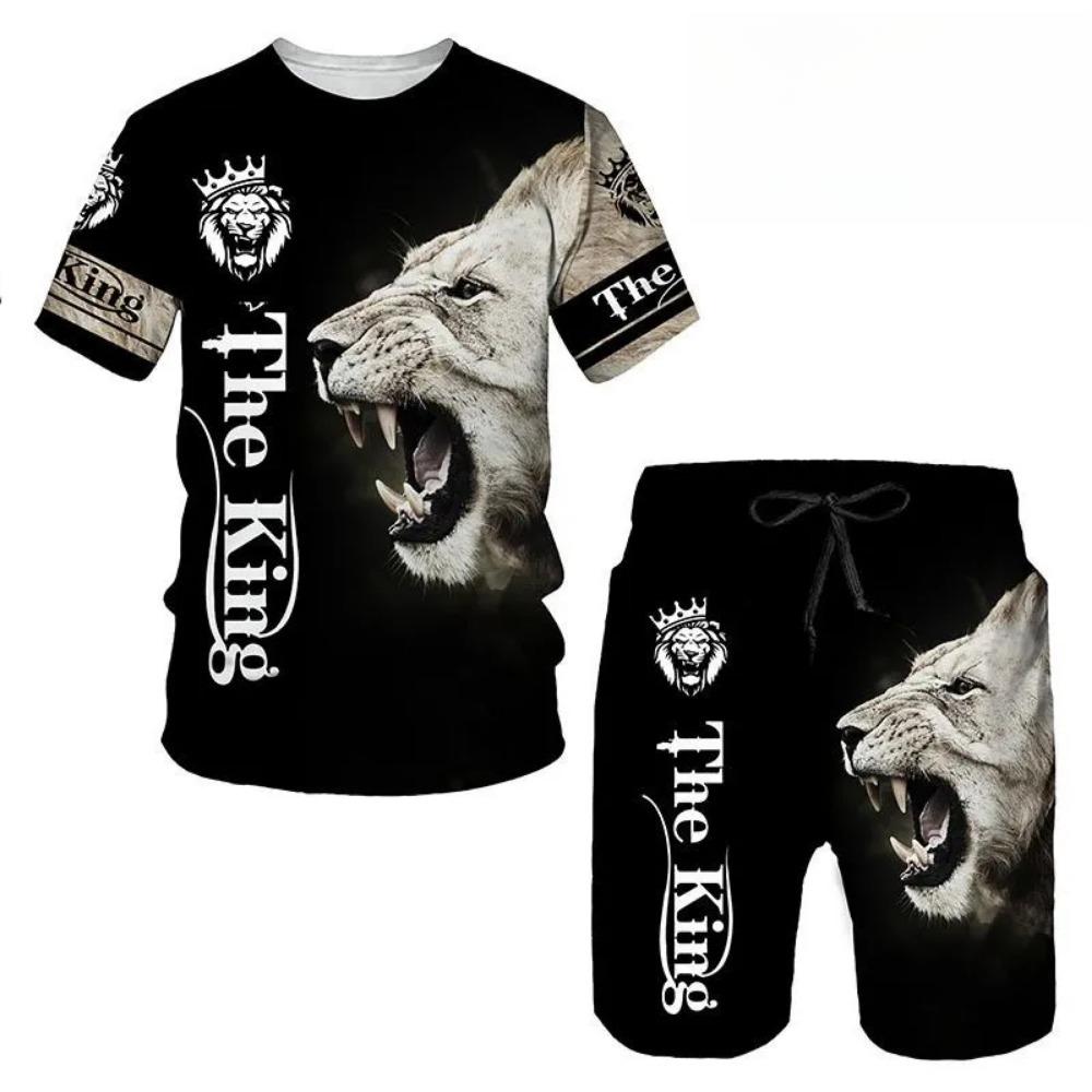 Summer Round Neck 3D Animal Printed Set Fashionable and Casual Short Sleeved Shorts Men's Sport Wear
