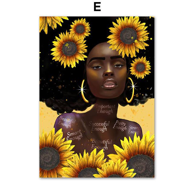 Abstract Sunflower Afro Girl Black Beauty African Art Canvas Painting Nordic Posters And Prints Wall Pictures Living Room Decor No Frame