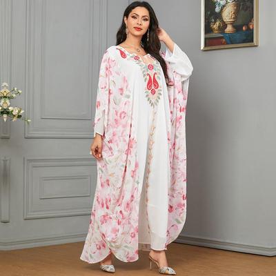 Robe Dubaï Brodée pour Femmes Musulmanes: Robe à manches chauve-souris color block à impression numérique