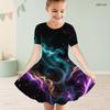 Girls Round Neck Short Sleeve Galaxy Printed A Line Flared Dress