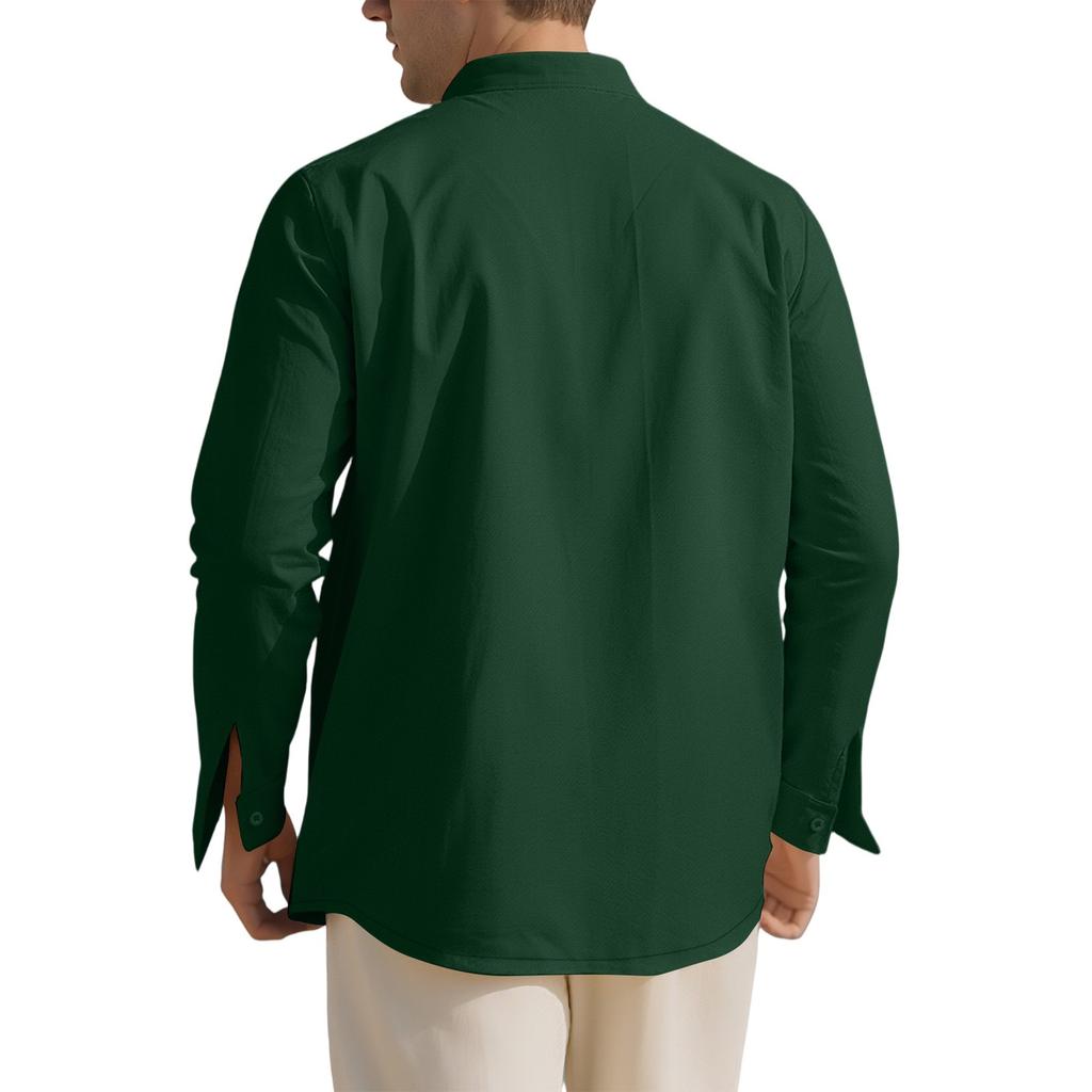 Men's Loose Linen Solid Color Long Sleeved Stand Up Collar Top Men's Casual Shirt