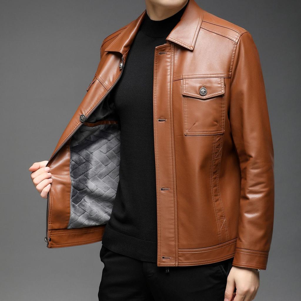 Autumn and Winter New Men's Leather Jacket Leather Jacket Locomotive Leather Jacket Fashion Youth Lapel Windproof Velvet Leather Jacket Jacket