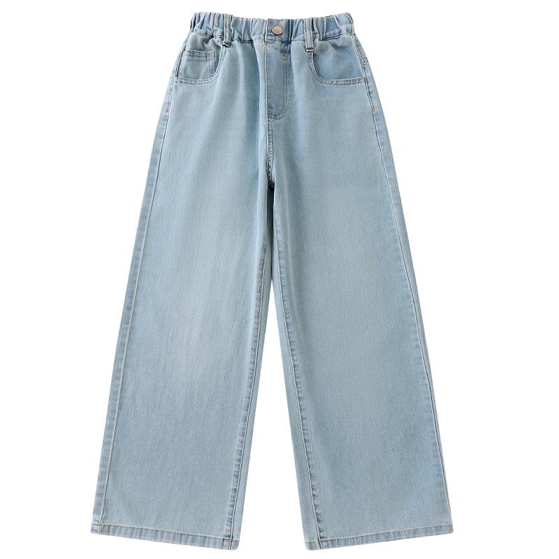 Summer Girls' Wide-Leg Denim Jeans, Trendy Korean-Style Casual Pants for Medium and Large Children