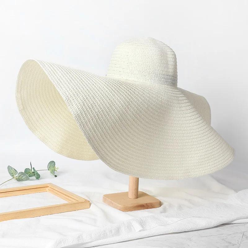 Oversize 25Cm Wide Brim Straw Hat Women'S Beach Cap Foldable Sunshade Protection Hat Ladies Sun Hats For Summer Girls