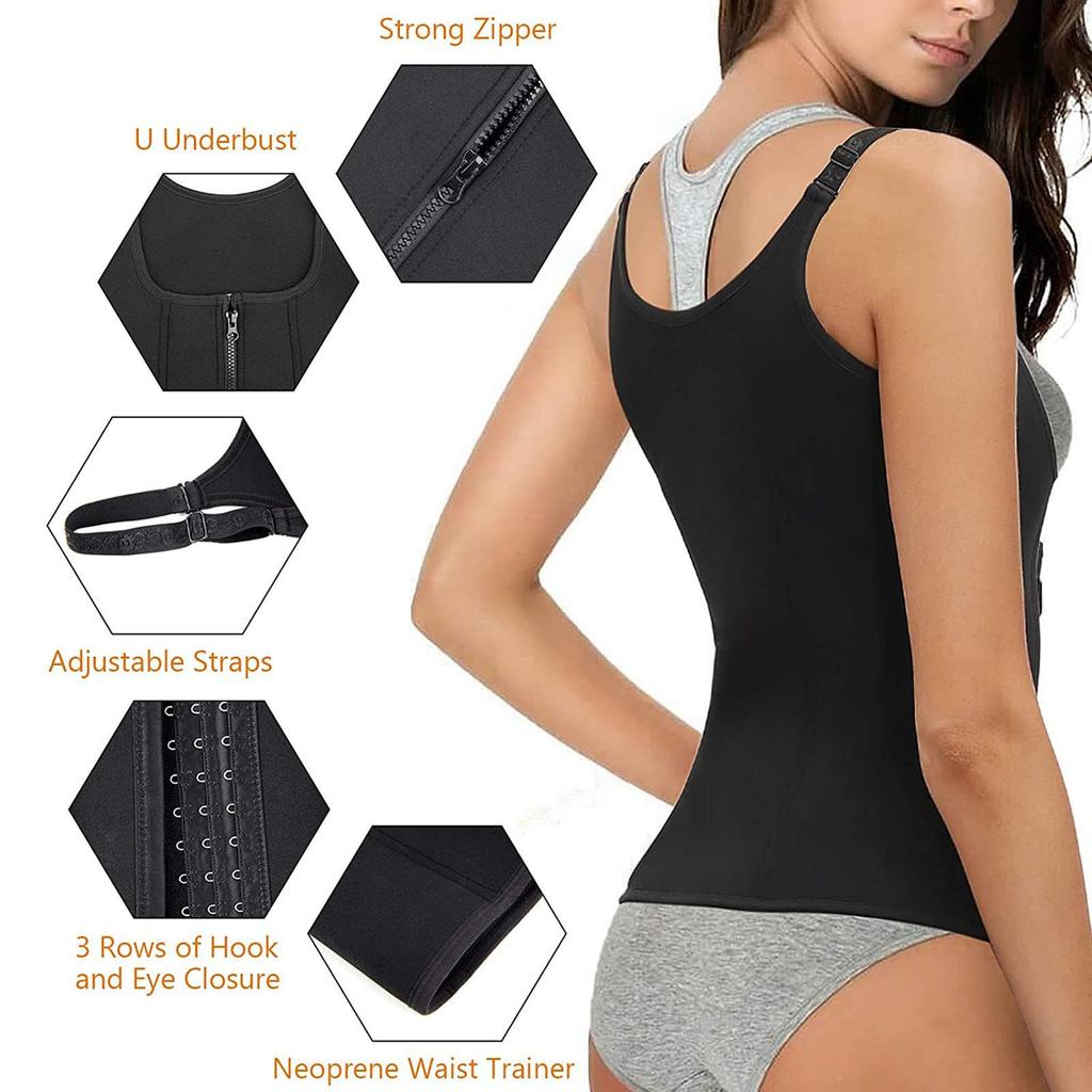 Women Waist Trainer Corset Tummy Control Shapewear Sweat Zipper Vest Slimming Body Shaper Sauna Suit Workout Cincher Tank Top with Adjustable Straps