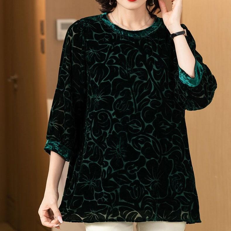 High-end Women s Silk Blouse Printed Velvet Plus Size Blouse Top Spring Autumn Loose Round Neck Blouse L