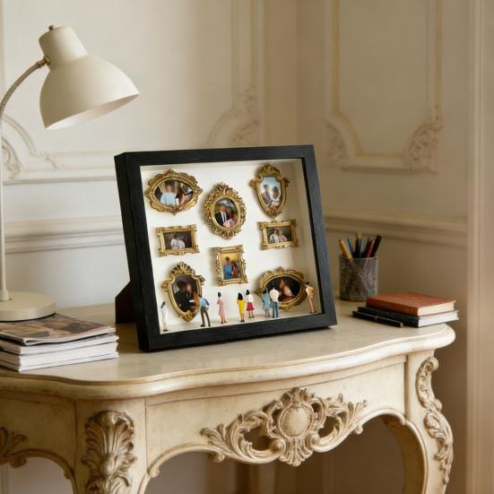 DIY Mini Museum Box with Small Golden Frames Figurines Lamps Photo Frame Shadow Box Family Memory Display Case Home Decoration