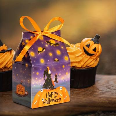 12-120PC Halloween Candy Boxes Cookie Gift Bags with Ribbon Party Favor Packaging Supplies for Kids Treats Halloween Decorations