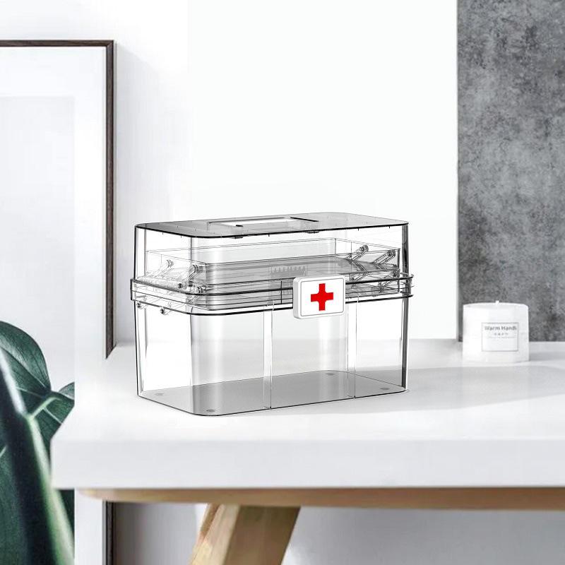 Třívrstvý průhledný přenosný úložný box na léky s velkou kapacitou