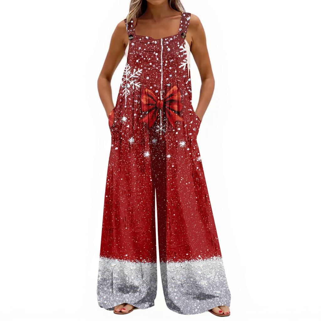 Women's Christmas Print Solid Wide Leg Strapless Tank Pocket Casual Onesie