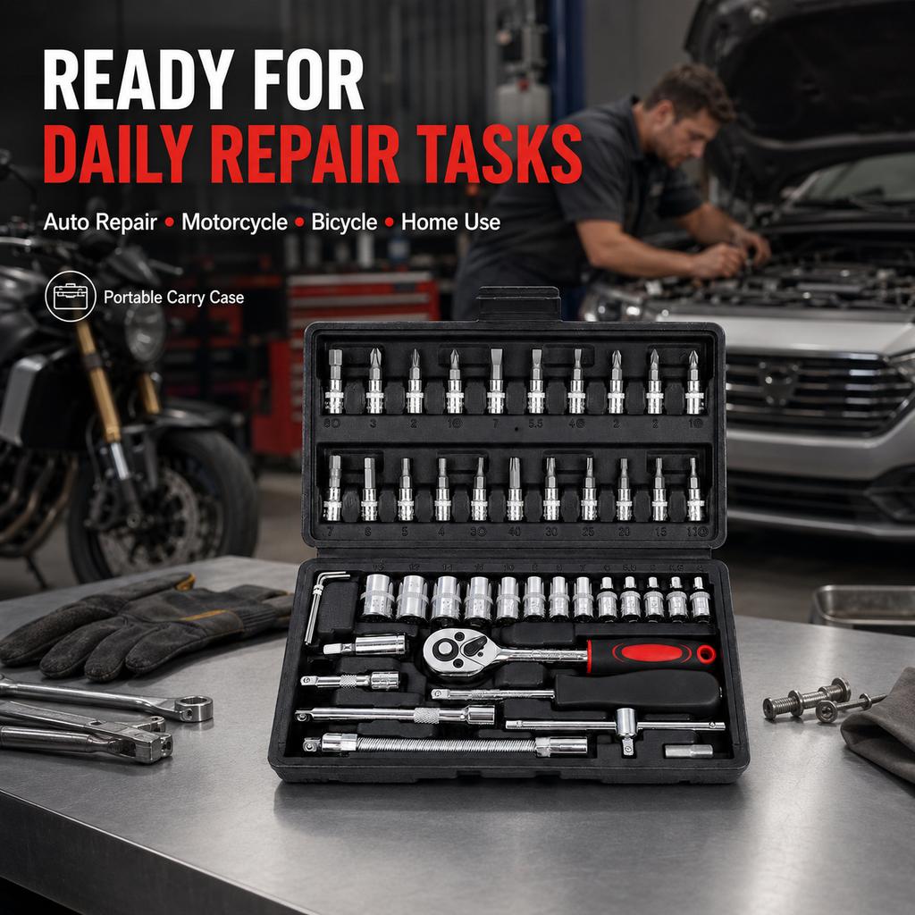 46/53PCS 1/4 Inch Drive Metric Socket Ratchet Wrench Set Extension Bar Hand Operated OEM Carbon Steel Tool Box Set Hard Case