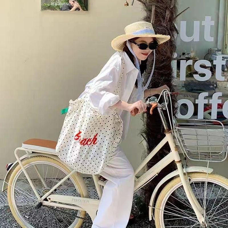 2025 Polka Dot Small Fresh New Shoulder Canvas Bag Tote Large Capacity Retro Ins Travel Letters Niche Han