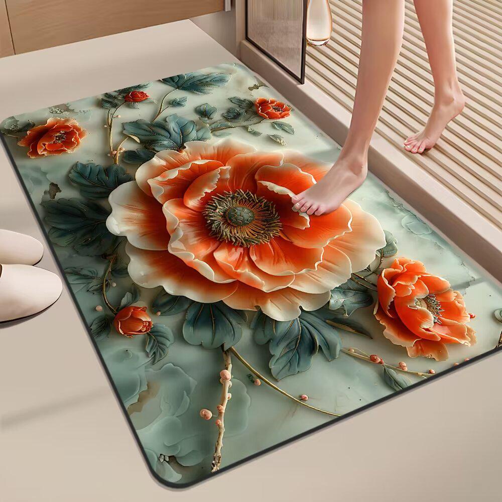 3D Floral Diatomaceous Earth Bath Mat - Absorbent, Quick-Dry, Stain & Wear Resistant Doormat