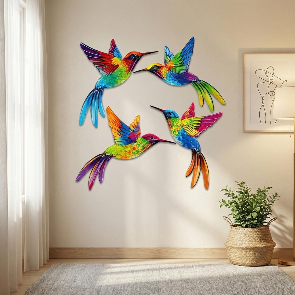 Metal Hummingbird Wall Art Decor Set of 4 Decorative Metal Hanging Sculptures for Indoor Outdoor Home Garden Patio Fence Wall Decoration