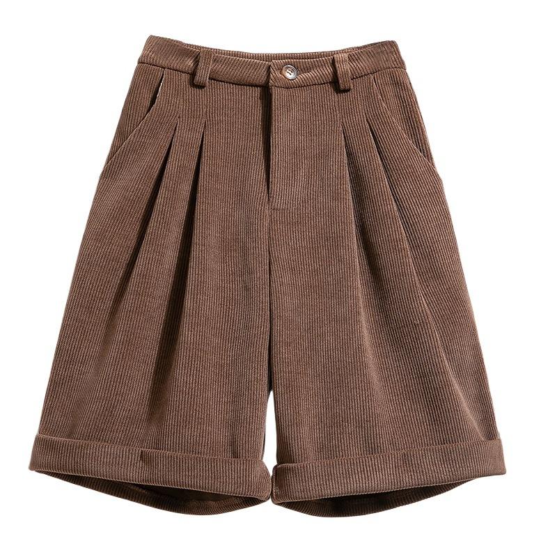 Plus Size Damenhose Cord Pit Strip Herbst und Winter Braun Hoch taillierte Hose Temperament Gerade Fünf-Minuten-Hose