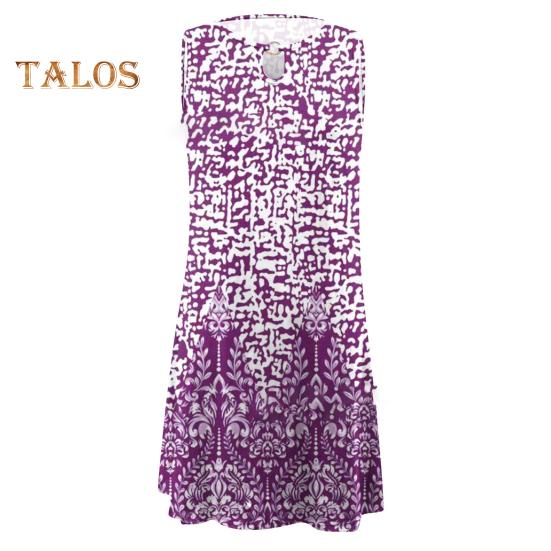 Damen Boho Ärmelloses Mini-Kleid Rundhalsausschnitt Bedrucktes Kurzes Tankkleid Sommer Lässig Strand Swing Sonnenkleid