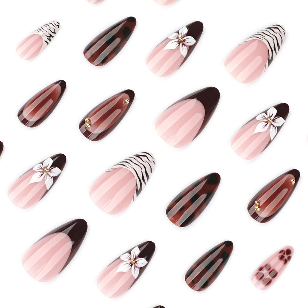 French Red Wearing Nail Art Nail Piece Hot-selling Zebra Pattern Flower Fake Nail Tortoiseshell Leopard Pattern Nail Piece