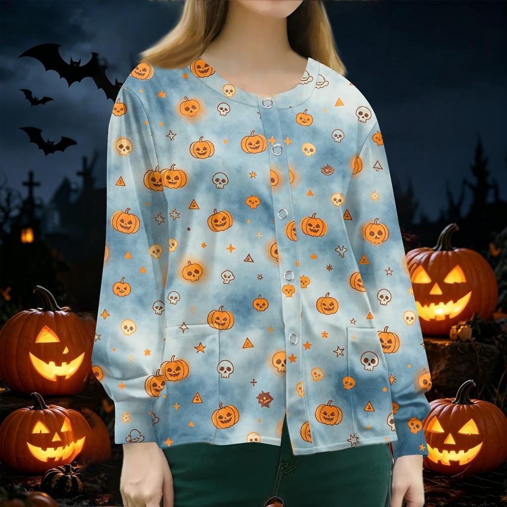 Women's Halloween Print Scrub Long Sleeve Cardigan Button Down for Casual Daily Wear