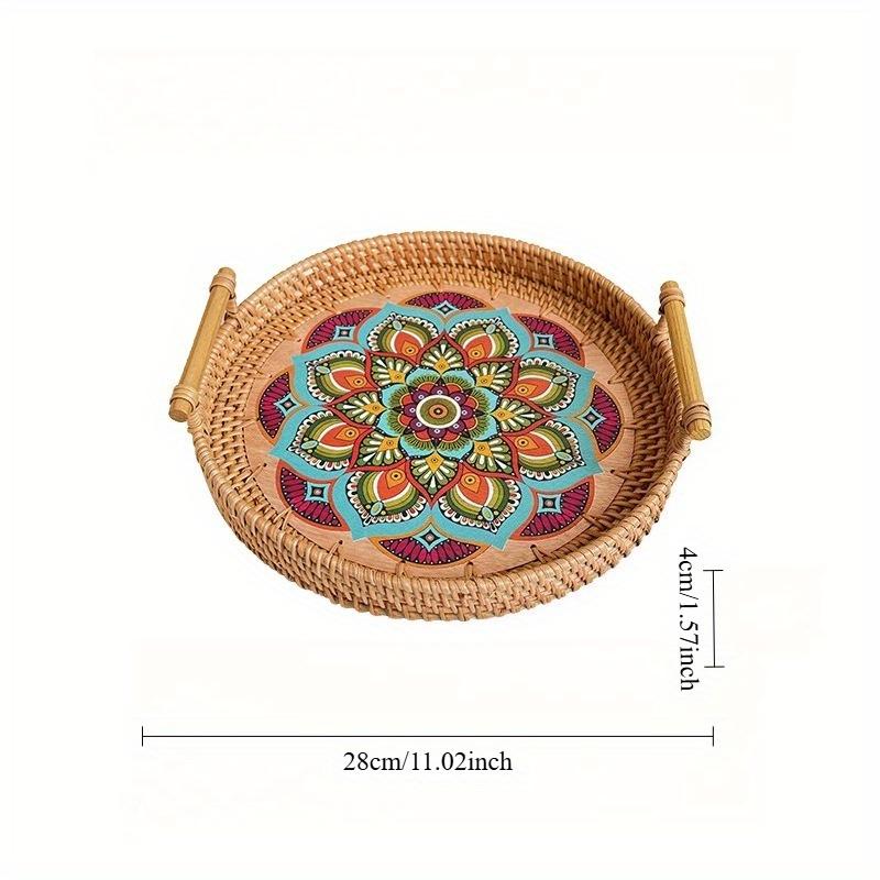 

1 шт. Скандинавский стиль Ротанг Ручная работа Креативная цветная печать Пикник Декоративные украшения Круглая ручка Поднос для завтрака