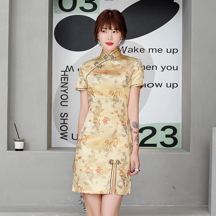 Summer Daily Front Fork Dragon&Phoenix Qipao Elegant Women Cheongsam Old Shanghai Mandarin Collar Sexy Short Chinese Dress Vestido