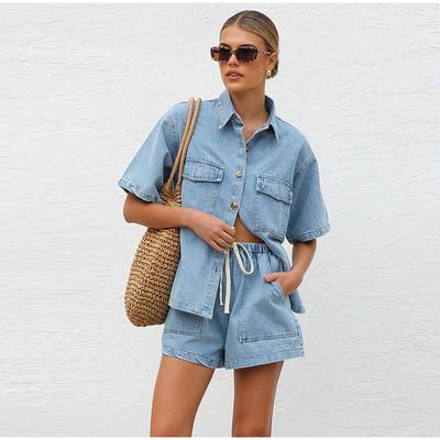 Casual Denim Shorts Woman's Set Versatile Lapel Loose Single Breasted Cowboy Shirt Drawstring Pants Sets Female Two Piece Sets