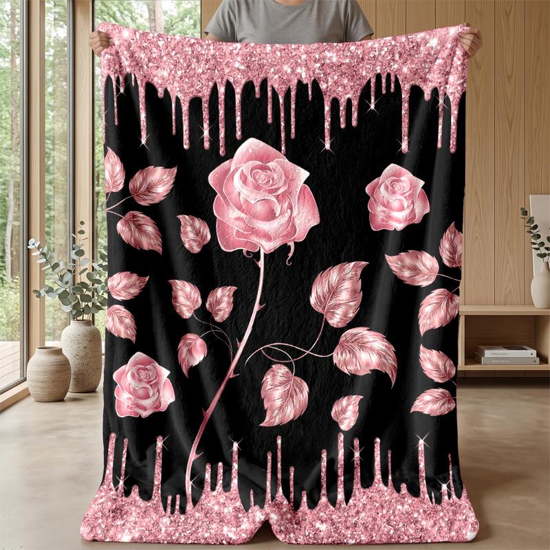 Pink Rose Floral Pattern Theme Blanket Lightweight Warm Flannel Blanket Decorative Throw Blanket for Home Decoration