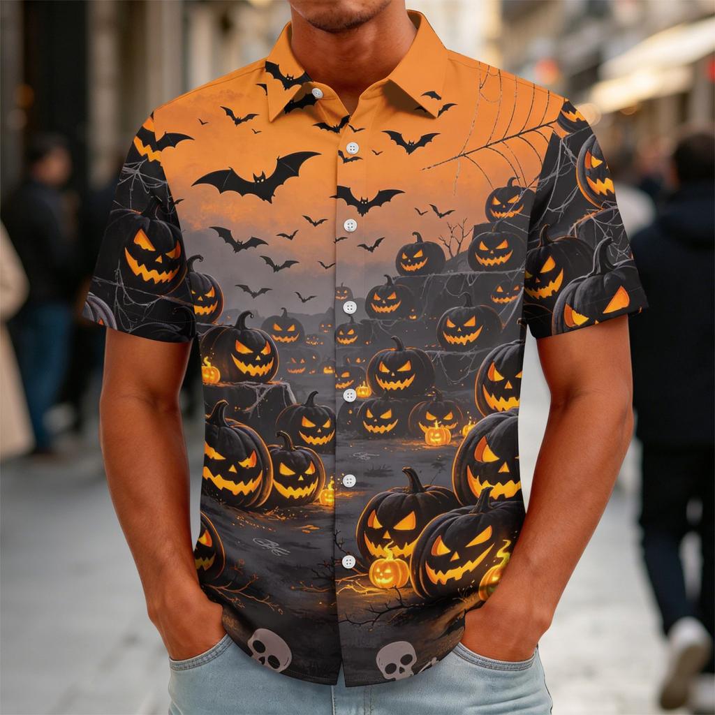 Herren Halloween Print Vintage Textur Hemd Knopfleiste Locker Atmungsaktiv Sommer Sport Street Lässig Tägliches Oberteil